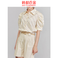 韩都衣舍2020夏装新款泡泡袖上衣小众印花开衫短袖衬衫女RN0083棽