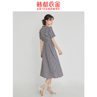 韩都衣舍2020夏季新款女港风中长款领口系带短袖显瘦收腰连衣裙