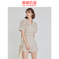 韩都衣舍夏季小香风时尚套装女两件套格纹西装短袖上衣阔腿短裤潮