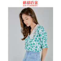 韩都衣舍2020夏装新款女装上衣碎花ins宽松短袖雪纺衫潮RE7374瑭