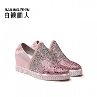 白领丽人秋新款欧美水钻圆头坡跟平底单鞋内增高舒适休闲女鞋