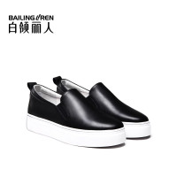 白领丽人春夏新款欧美百搭牛皮休闲鞋女鞋一脚蹬平底单鞋乐福鞋