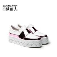 白领丽人春新款欧美街头牛皮拼色圆头厚底松糕女休闲鞋