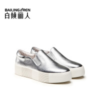 白领丽人春季新款时尚单鞋头层牛皮休闲鞋圆头厚底松糕女鞋