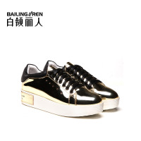 白领丽人春夏新款时尚金属镜面超细纤维休闲系带女鞋