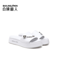 白领丽人夏新牛皮松糕一字型休闲拖鞋厚底坡跟女凉拖鞋