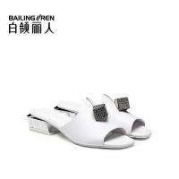 白领丽人牛皮水钻一字型粗跟欧美时尚舒适女鞋凉拖鞋