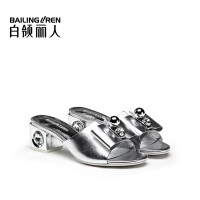 白领丽人新款欧美牛皮一字蝴蝶结钻扣方跟时尚女凉拖