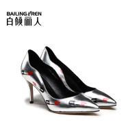 白领丽人春新欧美时尚印花胎牛皮尖头细高跟浅口女单鞋