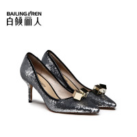 白领丽人春新欧美时尚格利特羊皮垫尖头细高跟浅口单鞋