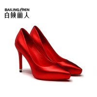 白领丽人新欧美时尚胎牛皮尖头防水台细高跟浅口女单鞋