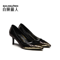 白领丽人春新欧美时尚羊京水钻尖头细跟高跟浅口女单鞋