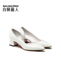 白领丽人春新牙签纹牛漆皮尖头粗跟欧美时尚侧空女单鞋