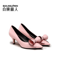白领丽人春新小鳞纹胎牛皮尖头高跟面皮蝴蝶结时尚单鞋