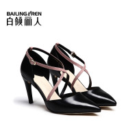 白领丽人夏新欧美时尚胎牛皮交叉带尖头中空细跟女凉鞋