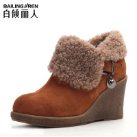 白领丽人女靴坡高跟羊毛真皮防水台短靴女靴