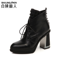 白领丽人秋冬新款欧美牛皮粗高跟系带铆钉防水台女鞋靴