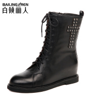 白领丽人秋冬新款欧美牛皮铆钉圆头内增高马丁中长女靴