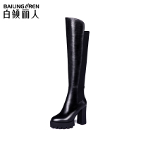 白领丽人秋冬欧美时尚牛皮拼接弹力布休闲圆头粗跟长靴