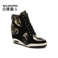 白领丽人秋冬款内增高迷彩牛皮拼接磨砂牛皮女休闲鞋