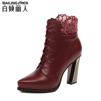 白领丽人秋季新款欧美牛皮蕾丝尖头粗超高跟短筒女靴