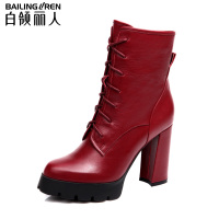 白领丽人秋季新款欧美牛皮水台圆头复古粗高跟短筒女靴