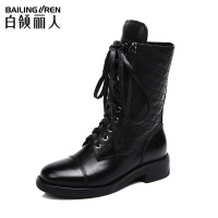 白领丽人秋冬新黑色牛皮时尚车菱格粗跟圆头女中靴