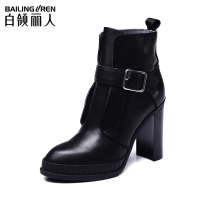 白领丽人秋冬新款欧美时尚牛皮粗高跟圆头女短靴