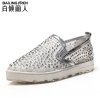 白领丽人春新款欧美网拼接牛皮尖头水钻平跟女单鞋