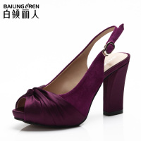 白领丽人新款鱼嘴粗高跟韩版优雅羊皮磨砂皮女鞋真皮凉鞋纯色