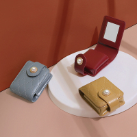 妙迪质感牛皮mini迷你随身补妆带镜子口红包小香风小号便携化妆包