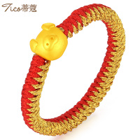 蒂蔻 猪年黄金戒指男女款足金猪生肖编织绳指环3D硬金戒圈生日新年礼物