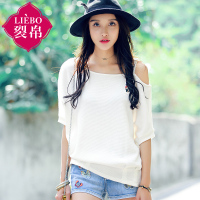 裂帛夏装新款刺绣单肩带短袖套头衫捏褶针织T恤