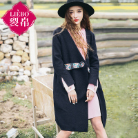 裂帛冬装新款V领刺绣开叉长大衣刺绣宽松毛呢外套