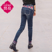 裂帛冬装新款中腰刺绣小脚长裤时尚保暖加绒牛仔裤