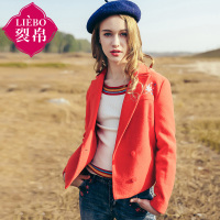 裂帛冬装新款气质西服领刺绣上衣双排扣短毛呢外套