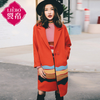 裂帛冬装西装领落肩袖大衣撞色贴布绣毛呢外套