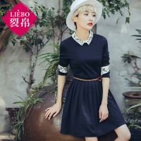 裂帛春装新款翻领刺绣百褶裙高腰刺绣针织连衣裙