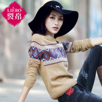 裂帛春新款圆领复古几何提花插肩套头衫长袖毛衣