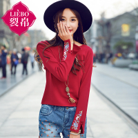 裂帛春装新圆领刺绣微喇长袖套头衫合体百搭毛衣