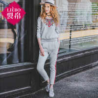 裂帛春装新款圆领刺绣长袖套头衫+休闲长裤套装