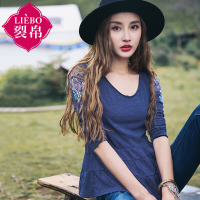 裂帛冬新款毛边V领刺绣长袖套头衫拼接A字显瘦T恤