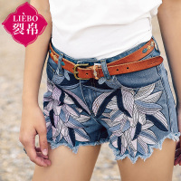 裂帛夏新款个性中腰刺绣短裤口袋不规则毛边牛仔裤