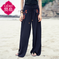 裂帛夏新款中腰刺绣雪纺拼接长裤开叉阔腿休闲裤