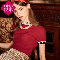 裂帛夏新款几何提花圆领套头衫弹力修身短袖针织衫