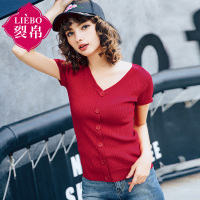 裂帛夏装新款V领纽扣装饰短袖衫修身纯色针织T恤