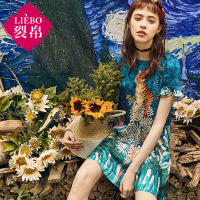 裂帛夏装新款圆领印花时尚短裙拼接荷叶气质连衣裙