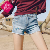 裂帛夏装新款花鸟刺绣水洗磨白牛仔裤毛边底摆短裤