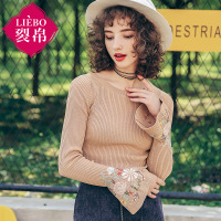 裂帛春装新款刺绣喇叭口修身套头衫圆领长袖针织衫