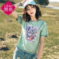 裂帛夏装新款圆领猫咪印花套头衫短袖休闲针织T恤